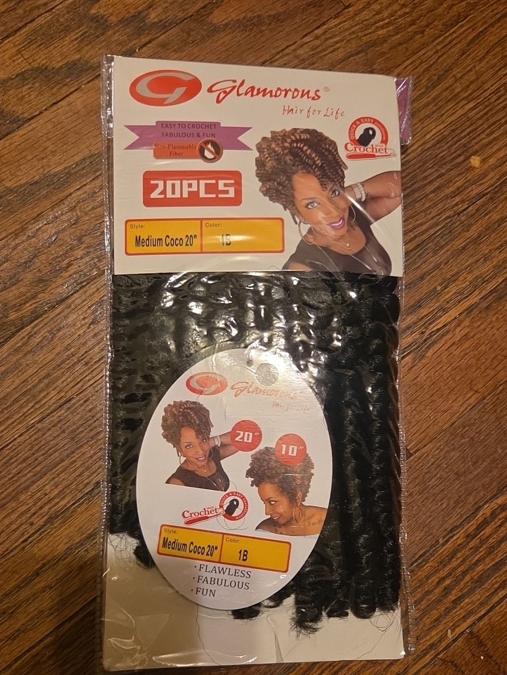 Glamorous Medium Coco 20" Crochet Hair Extensions - Color 1B Black - 20pcs